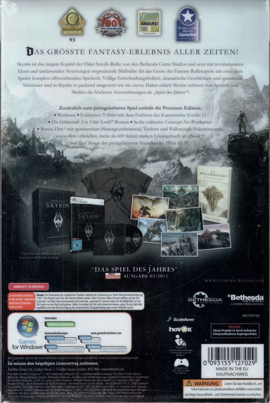 Back Cover for The Elder Scrolls V: Skyrim (Premium Edition) (Windows)