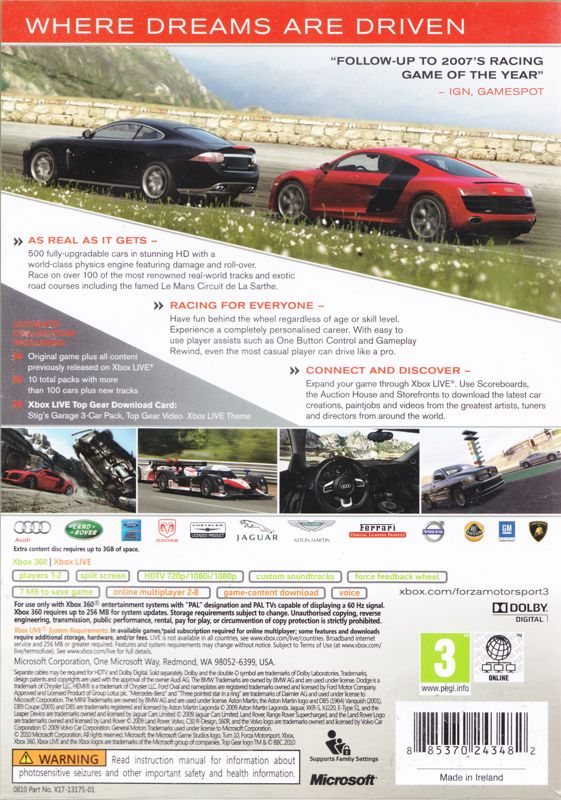Back Cover for Forza Motorsport 3: Ultimate Collection (Xbox 360)