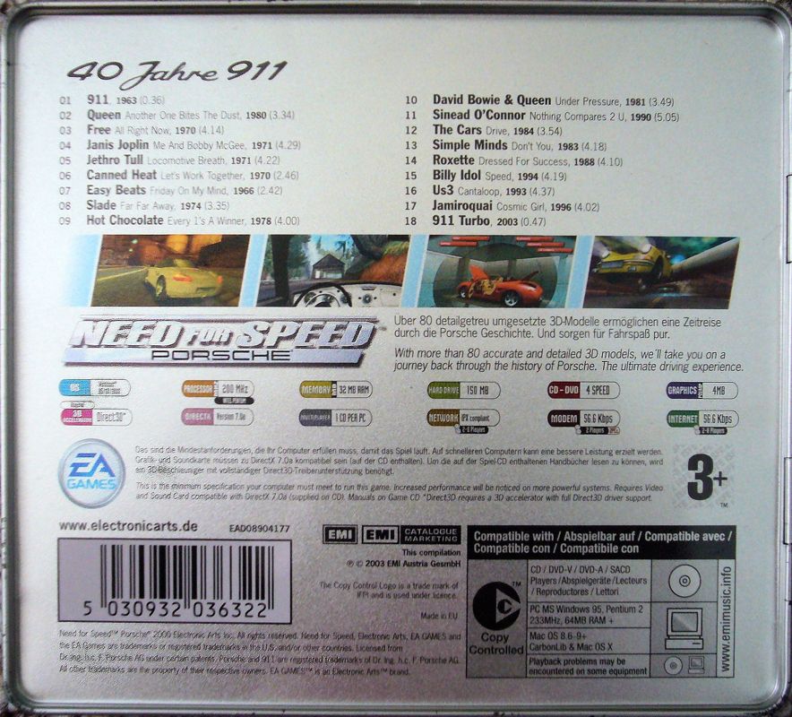 Back Cover for Need for Speed: Porsche Unleashed (Windows) (40th Anniversary of the Porsche 911 Edition including audio disc)