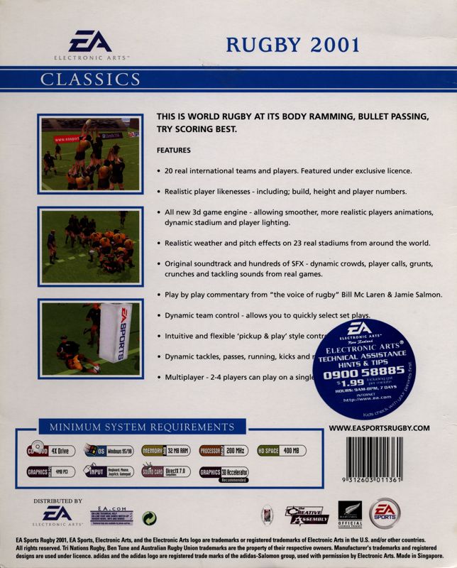 Back Cover for Rugby (Windows) (EA Classics release)