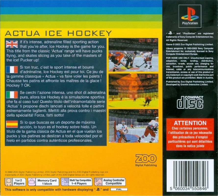 Back Cover for Actua Ice Hockey (PlayStation) (Zoo Classics release)