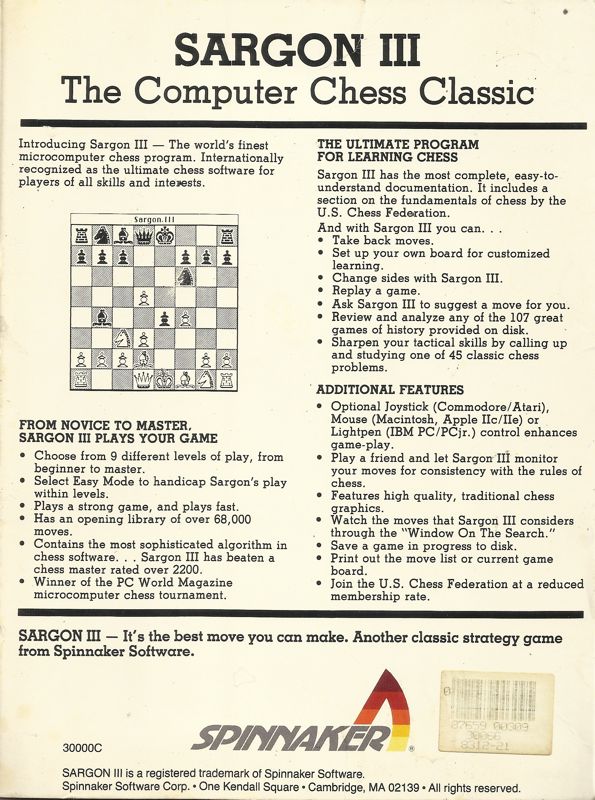 Back Cover for Sargon III (DOS) (Dual Media Release (Released by Spinnaker in 1988))