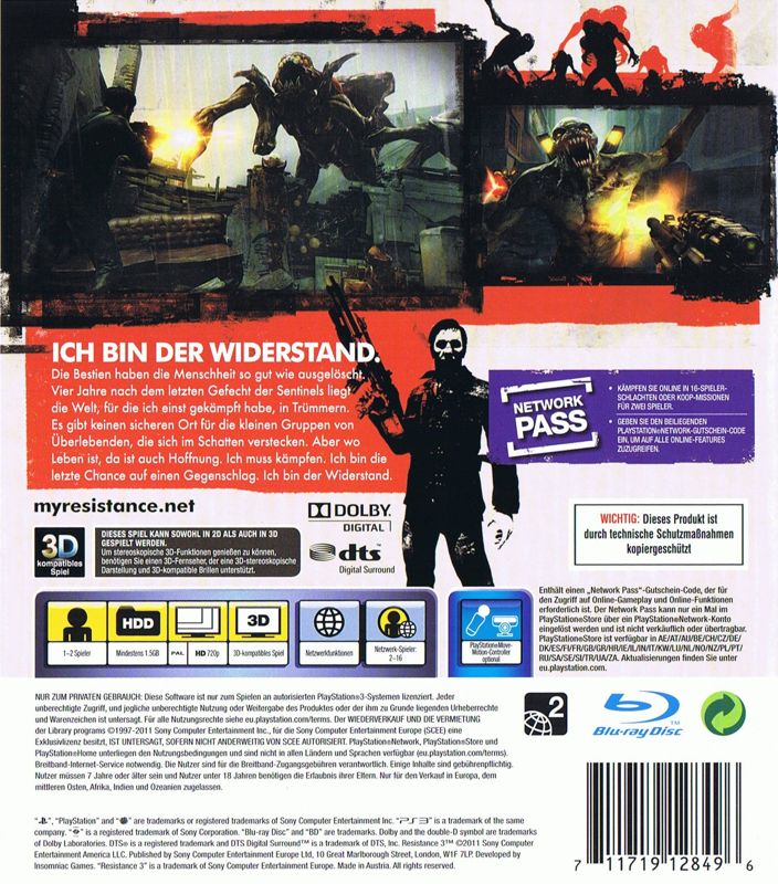 Back Cover for Resistance 3 (PlayStation 3)
