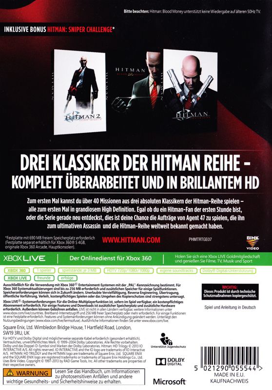 Back Cover for Hitman: HD Trilogy (Xbox 360)