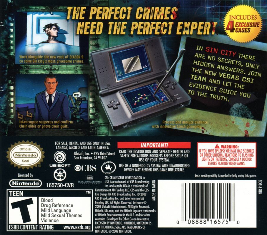 Back Cover for CSI: Crime Scene Investigation - Deadly Intent: The Hidden Cases (Nintendo DS)