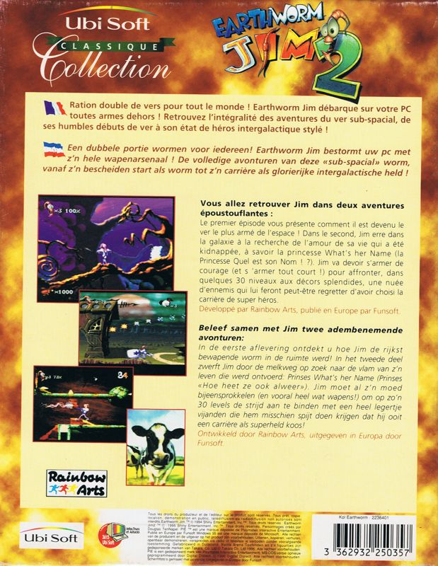 Back Cover for Earthworm Jim 1 & 2: The Whole Can 'O Worms (DOS) (Ubi Soft Classic Collection release)