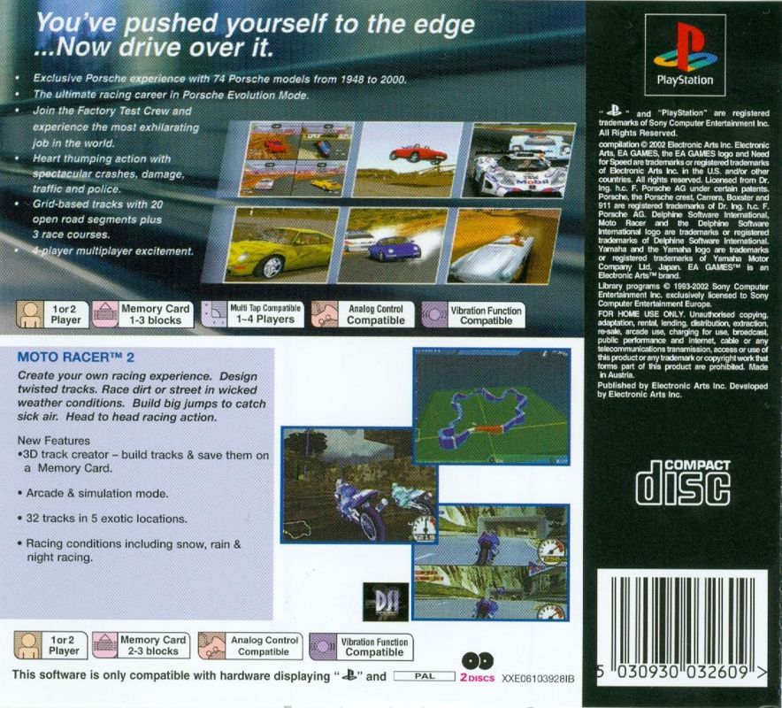 Back Cover for 2 Games: Need for Speed: Porsche 2000 / Moto Racer 2 (PlayStation)