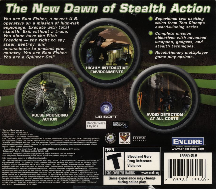 Back Cover for Tom Clancy's Splinter Cell: Espionage Pack (Windows)