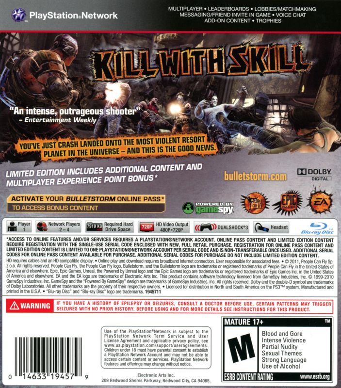 Back Cover for Bulletstorm (Limited Edition) (PlayStation 3)
