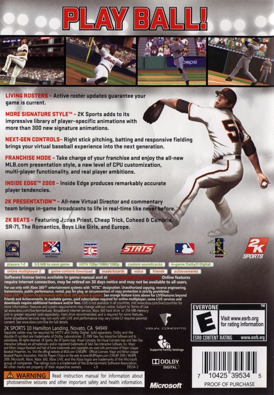 Back Cover for Major League Baseball 2K9 (Xbox 360)