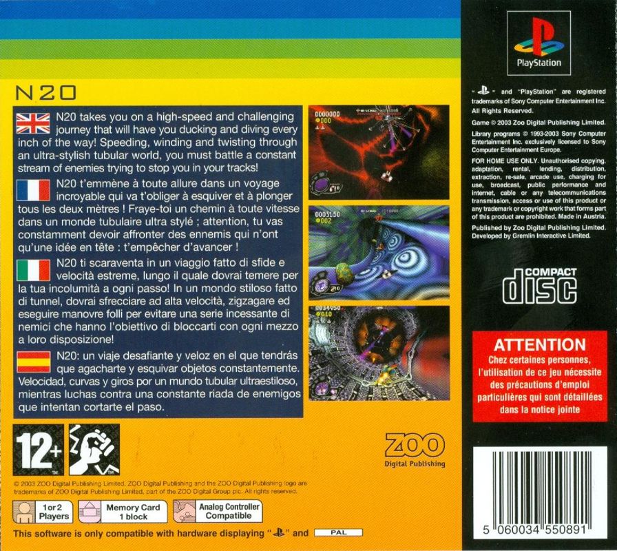 Back Cover for N2O Nitrous Oxide (PlayStation) (Zoo Classics release)