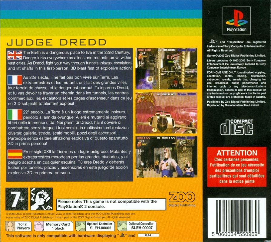 Back Cover for Judge Dredd (PlayStation) (Zoo Classics release)