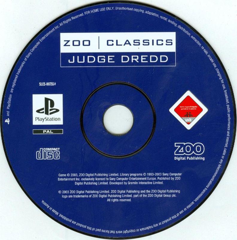 Media for Judge Dredd (PlayStation) (Zoo Classics release)