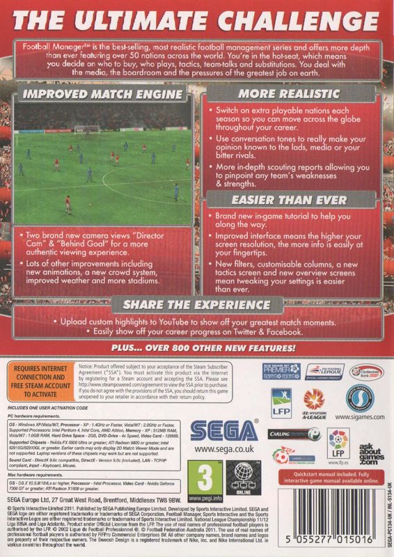 Back Cover for Football Manager 2012 (Macintosh and Windows)