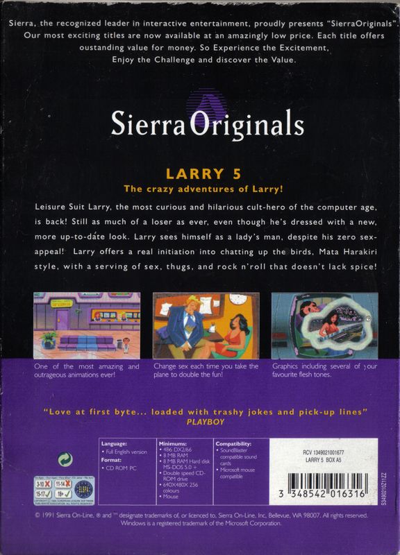Back Cover for Leisure Suit Larry 5: Passionate Patti Does a Little Undercover Work (DOS) (Sierra Originals release)