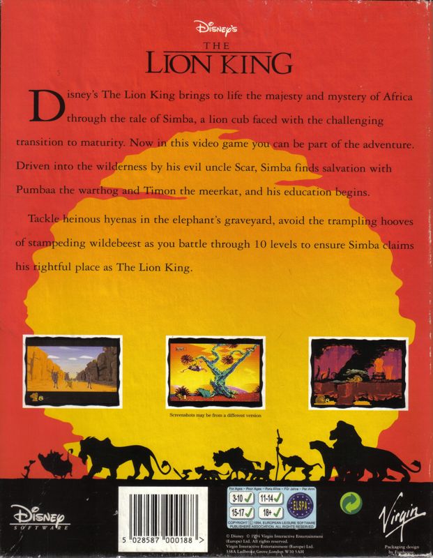 Back Cover for The Lion King (DOS) (Alternate Media Labelling)