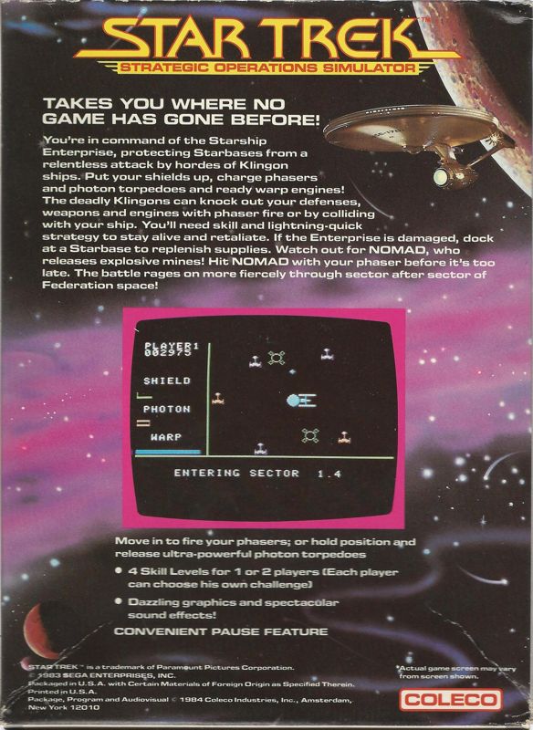 Back Cover for Star Trek: Strategic Operations Simulator (ColecoVision)