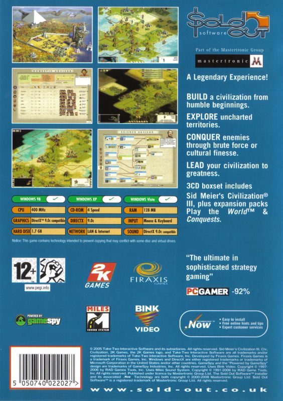 Back Cover for Sid Meier's Civilization III: Complete (Windows) (Sold Out Software release)