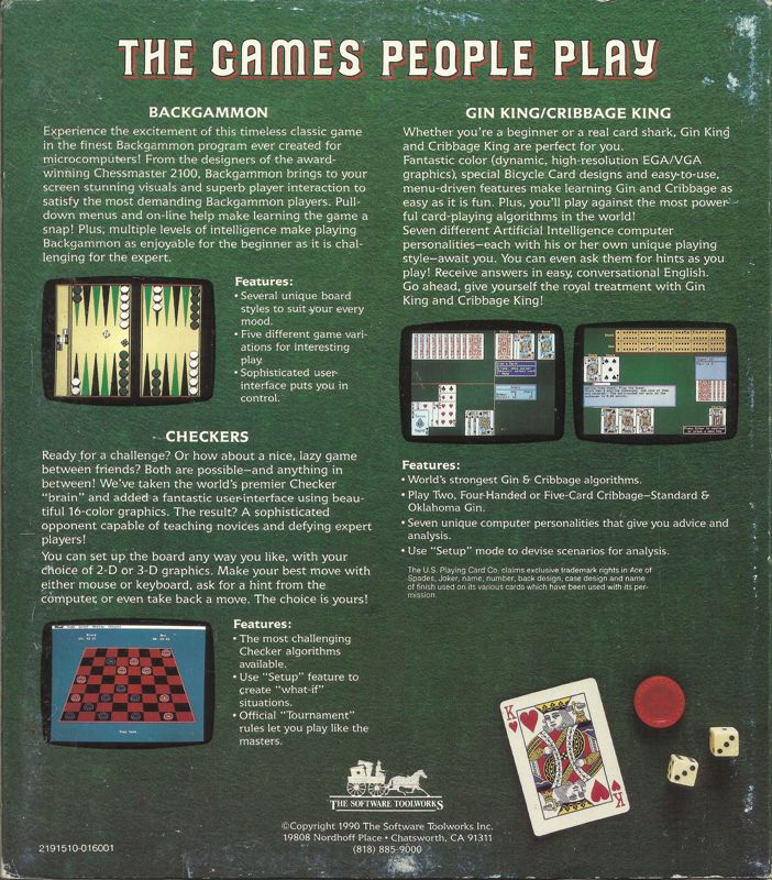 Back Cover for The Games People Play: Gin ∙ Cribbage ∙ Checkers ∙ Backgammon (DOS)