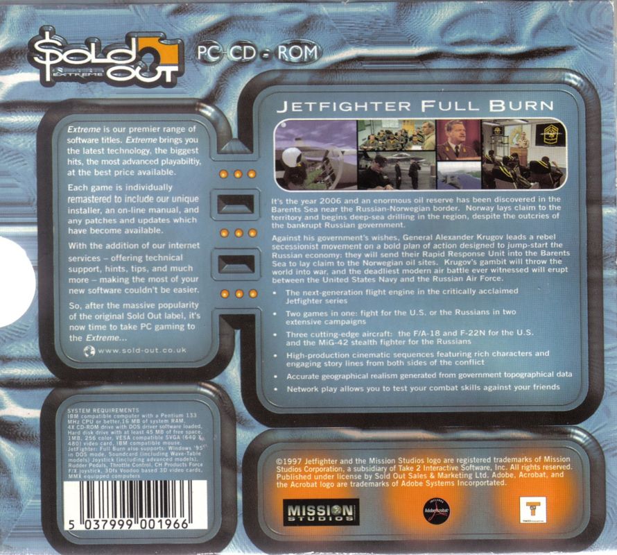 Back Cover for JetFighter: Full Burn (DOS) (Sold Out Software release): With Jewel Case Removed