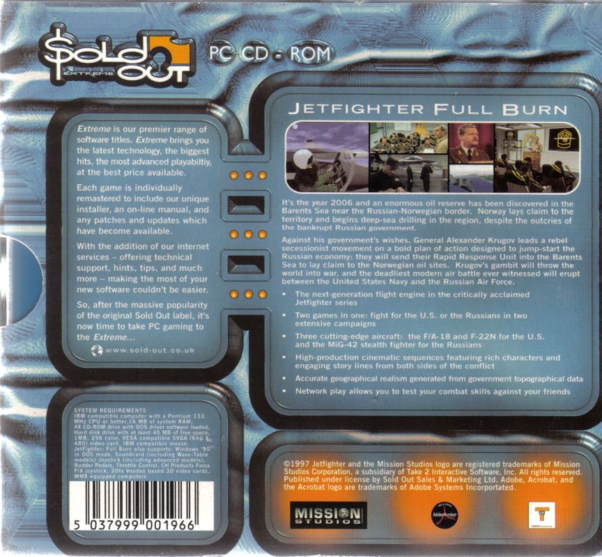 Back Cover for JetFighter: Full Burn (DOS) (Sold Out Software release): With Jewel Case In Place