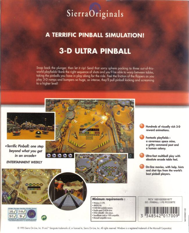Back Cover for 3-D Ultra Pinball (Windows and Windows 3.x) (SierraOriginals release)