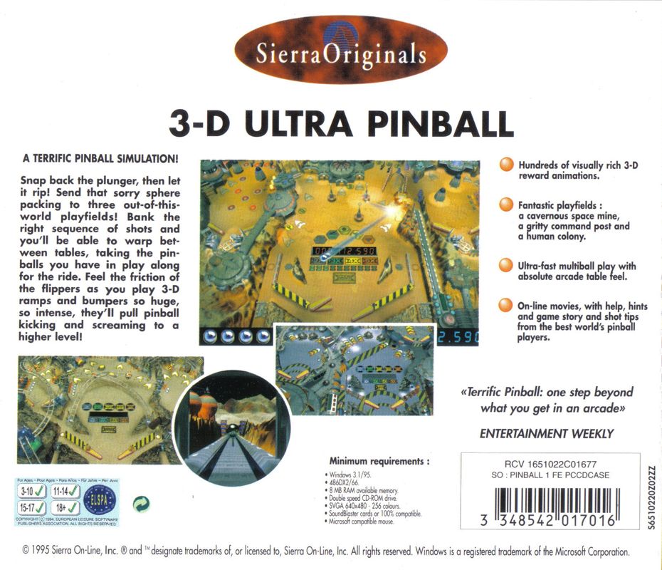 Other for 3-D Ultra Pinball (Windows and Windows 3.x) (SierraOriginals release): Jewel Case: Back