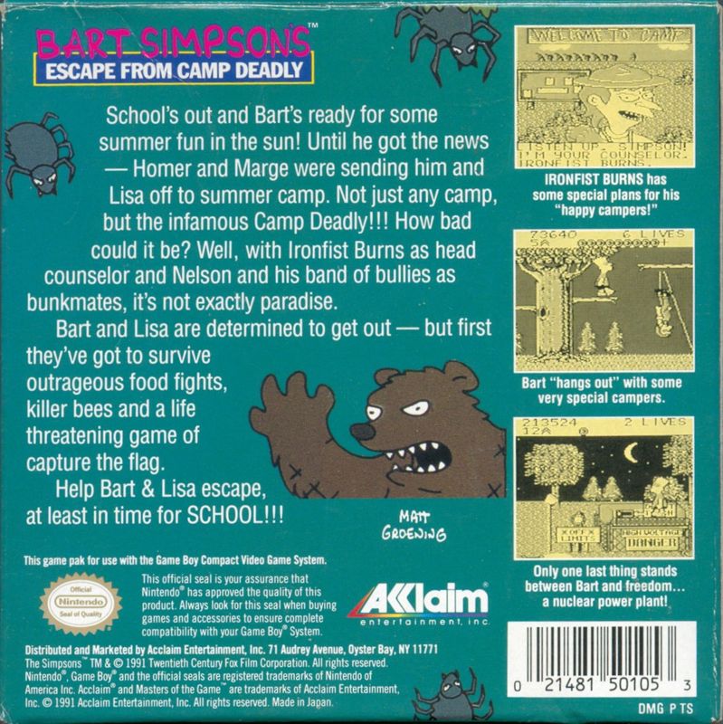Back Cover for Bart Simpson's Escape from Camp Deadly (Game Boy)