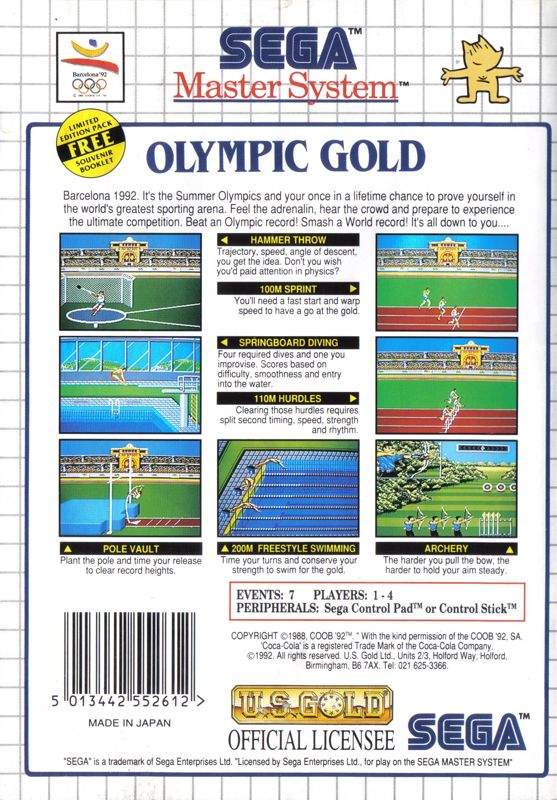 Back Cover for Olympic Gold: Barcelona '92 (SEGA Master System) (Bundled with Sega Master System in UK)