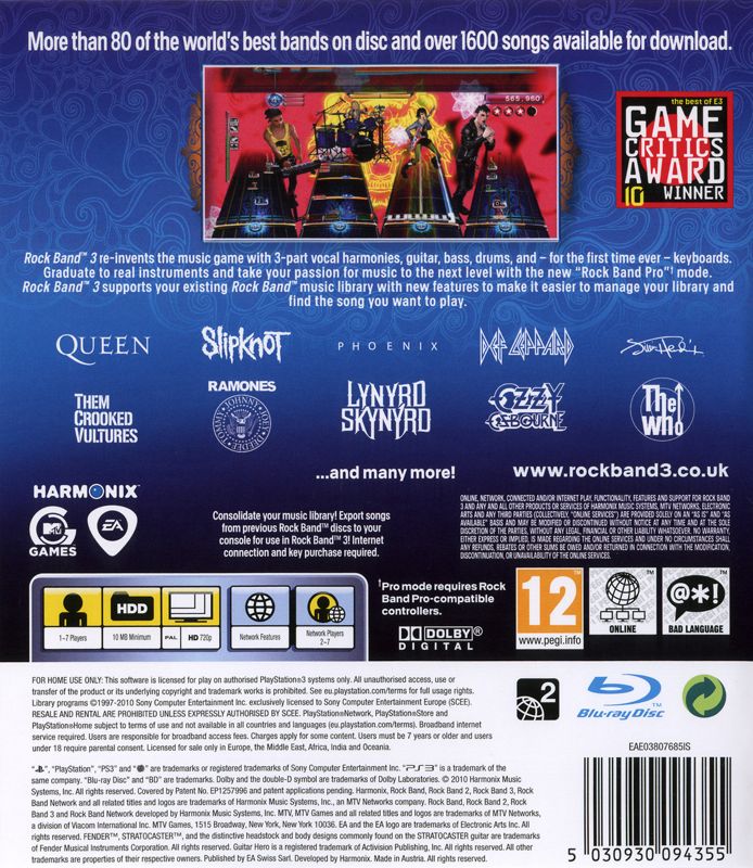 Back Cover for Rock Band 3 (PlayStation 3)