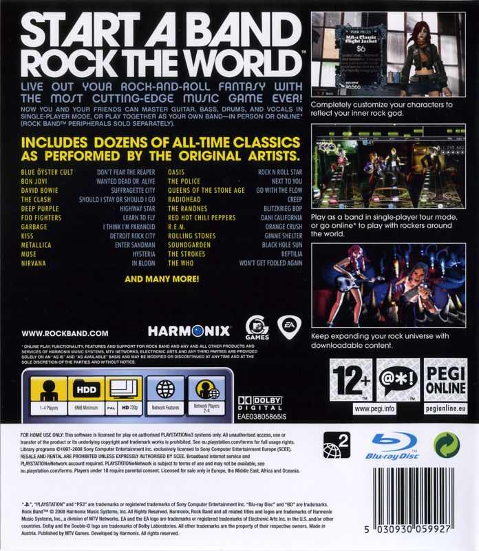 Back Cover for Rock Band (PlayStation 3)