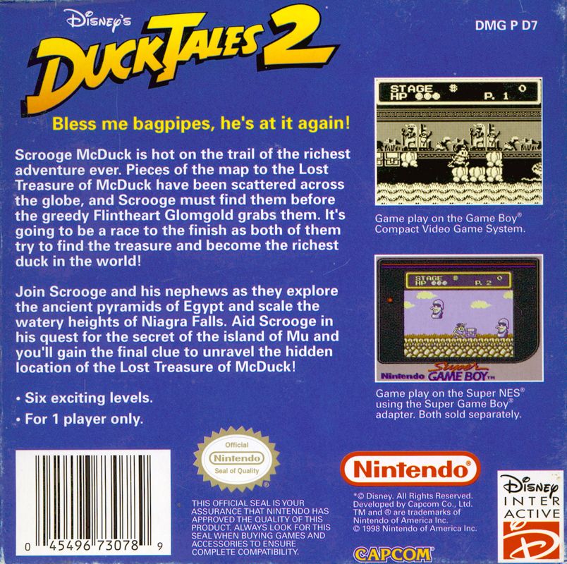 Back Cover for Disney's DuckTales 2 (Game Boy) (Player's Choice Million Seller Release)