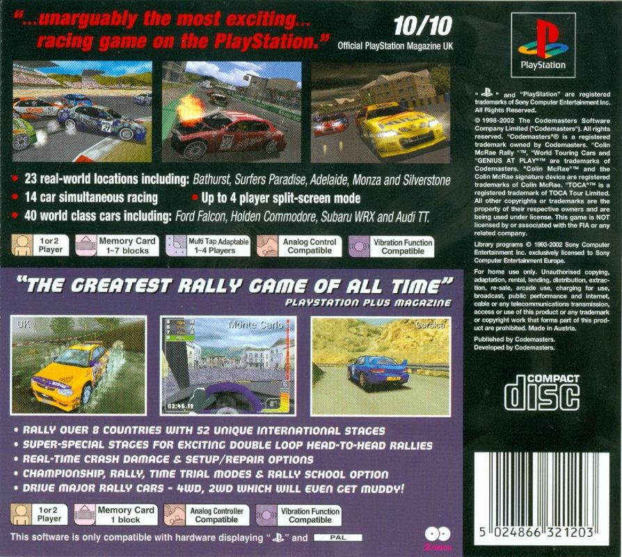 Back Cover for 2 Games: TOCA World Touring Cars / Colin McRae Rally (PlayStation)
