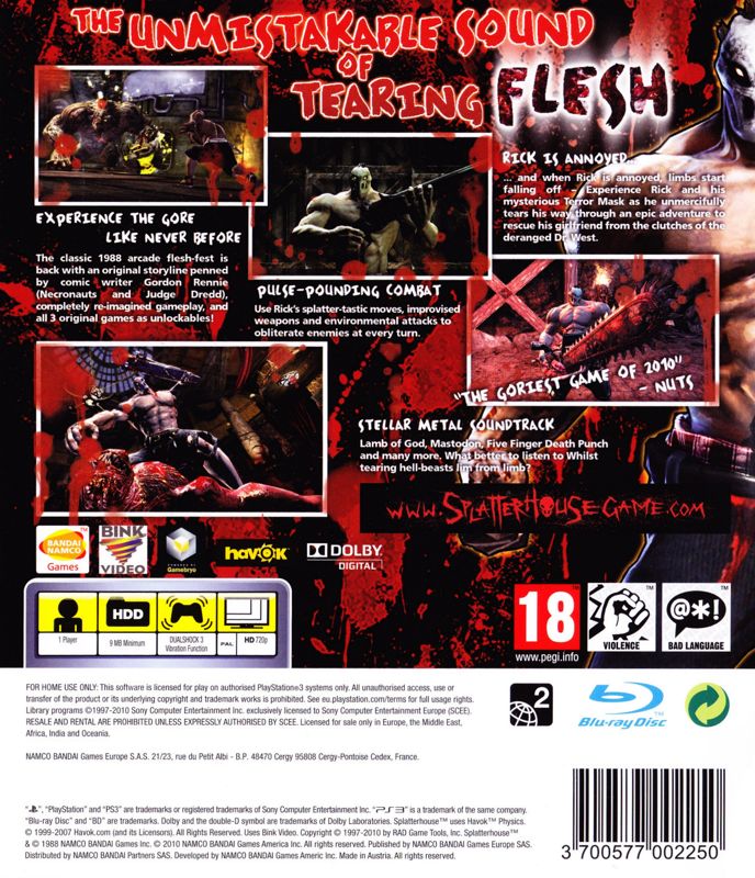 Back Cover for Splatterhouse (PlayStation 3) (European English release)