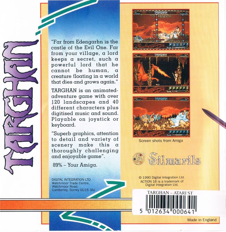 Back Cover for Targhan (Atari ST) (Action Sixteen release)