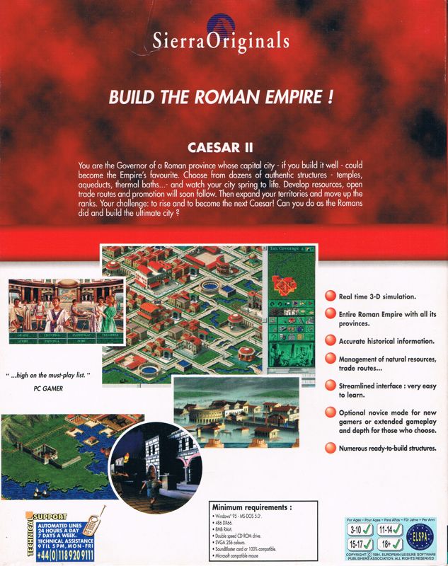 Back Cover for Caesar II (DOS and Windows) (SierraOriginals release)