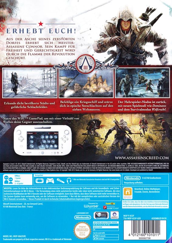 Back Cover for Assassin's Creed III (Wii U)