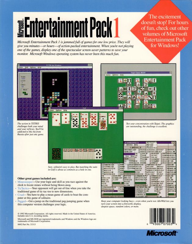 Back Cover for Microsoft Entertainment Pack for Windows (Windows 3.x) (1992 Edition)