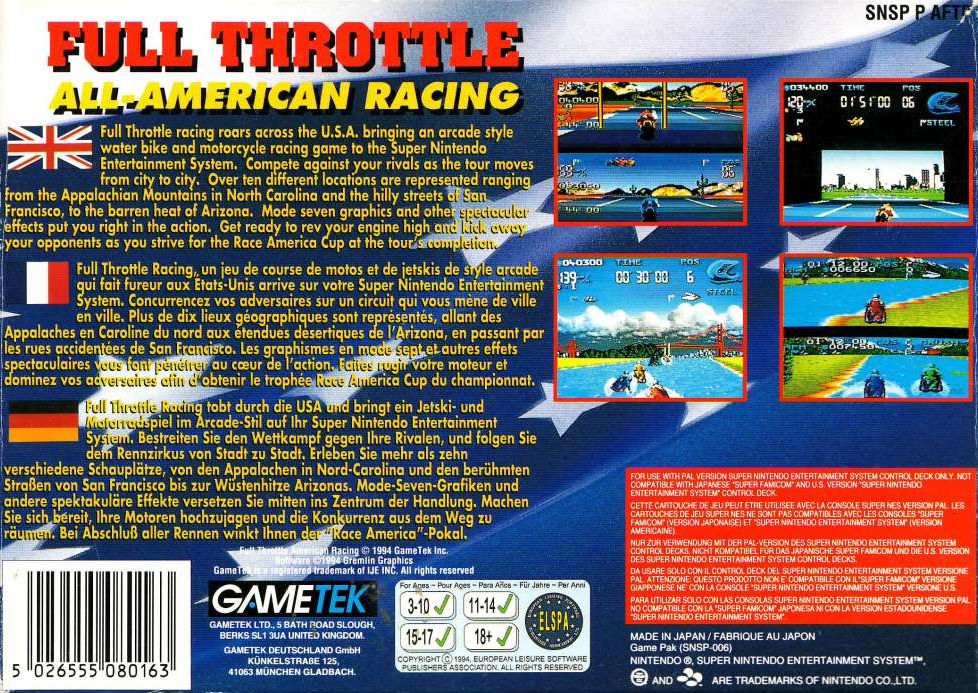 Back Cover for Full Throttle: All-American Racing (SNES)