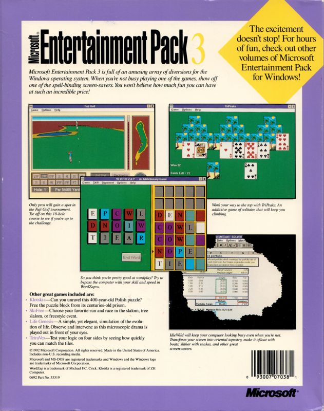 Back Cover for Microsoft Entertainment Pack 3 (Windows 16-bit) (1992 Edition)