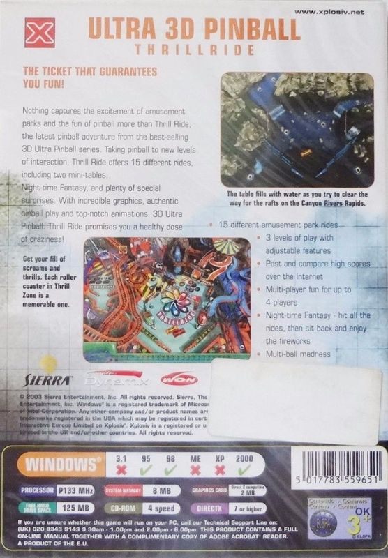 Back Cover for 3-D Ultra Pinball: Thrillride (Windows)