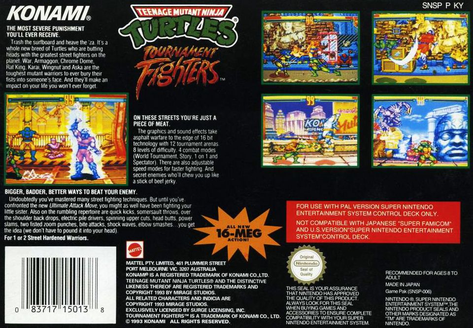 Back Cover for Teenage Mutant Ninja Turtles: Tournament Fighters (SNES)