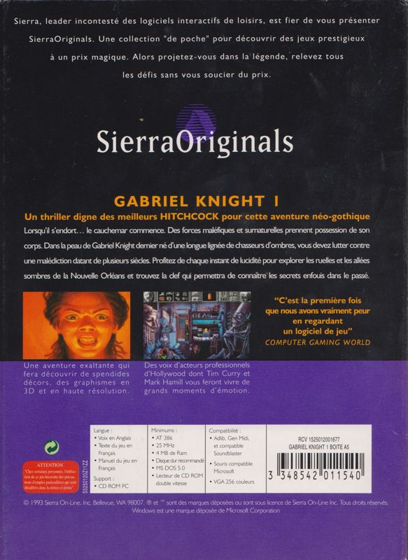 Back Cover for Gabriel Knight: Sins of the Fathers (DOS and Windows and Windows 3.x) (SierraOriginals release (1996))