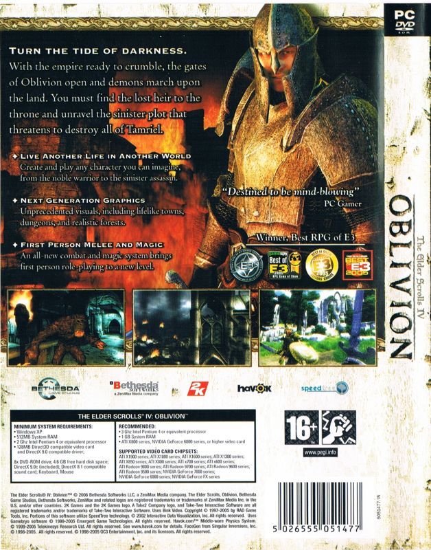 Back Cover for The Elder Scrolls IV: Oblivion (Windows) (Release with PEGI rating)