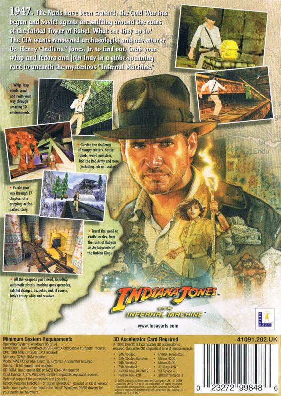 Back Cover for Indiana Jones and the Infernal Machine (Windows) (LucasArts Classics release)