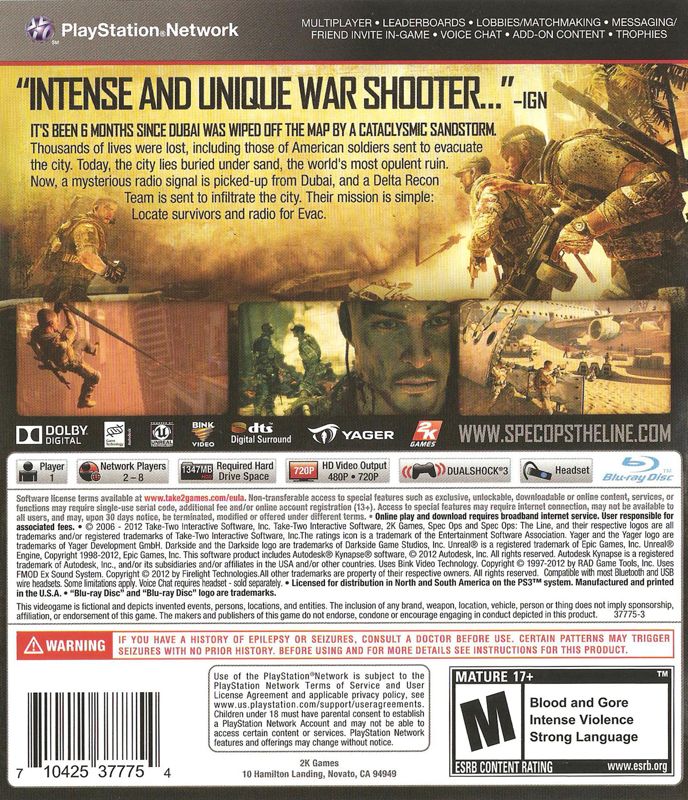 Back Cover for Spec Ops: The Line (Premium Edition) (PlayStation 3)