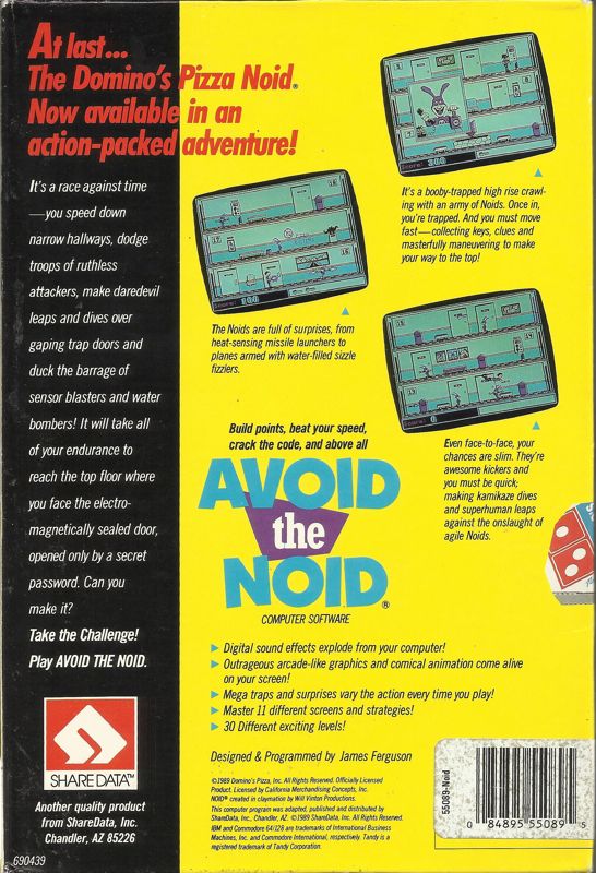 Back Cover for Avoid the Noid (Commodore 64 and DOS) (5.25" Release (version 1.1 for IBM with EGA support & Commodore 64))