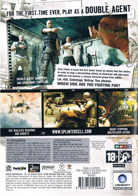 Back Cover for Tom Clancy's Splinter Cell: Double Agent (Windows)