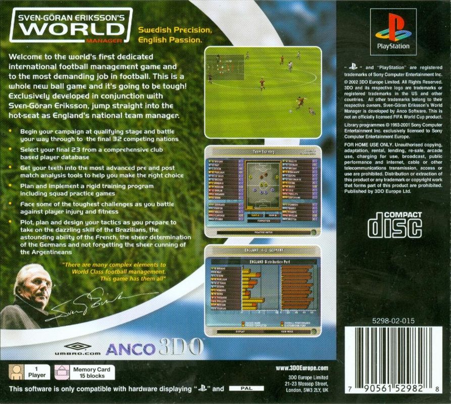 Back Cover for Sven-Göran Eriksson's World Manager (PlayStation)