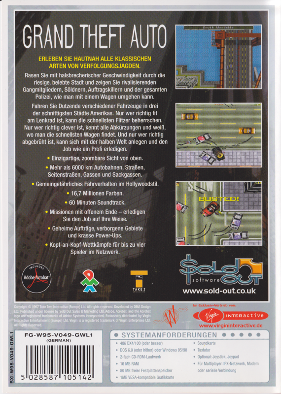Back Cover for Grand Theft Auto (DOS and Windows) (The White Label release)